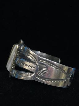 Old Pawn Native American Wide & Heavy Sterling Silver & Agate Cuff Bracelet - 48 Grams