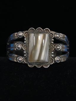 Old Pawn Native American Wide & Heavy Sterling Silver & Agate Cuff Bracelet - 48 Grams