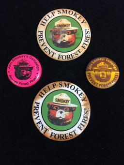 4 Count Lot of Vintage Smokey The Bear Forrest Fire Prevention Pins Buttons