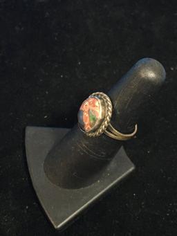 Old Pawn Taxco Sterling Silver & Opal in Agate Ring - Size 6