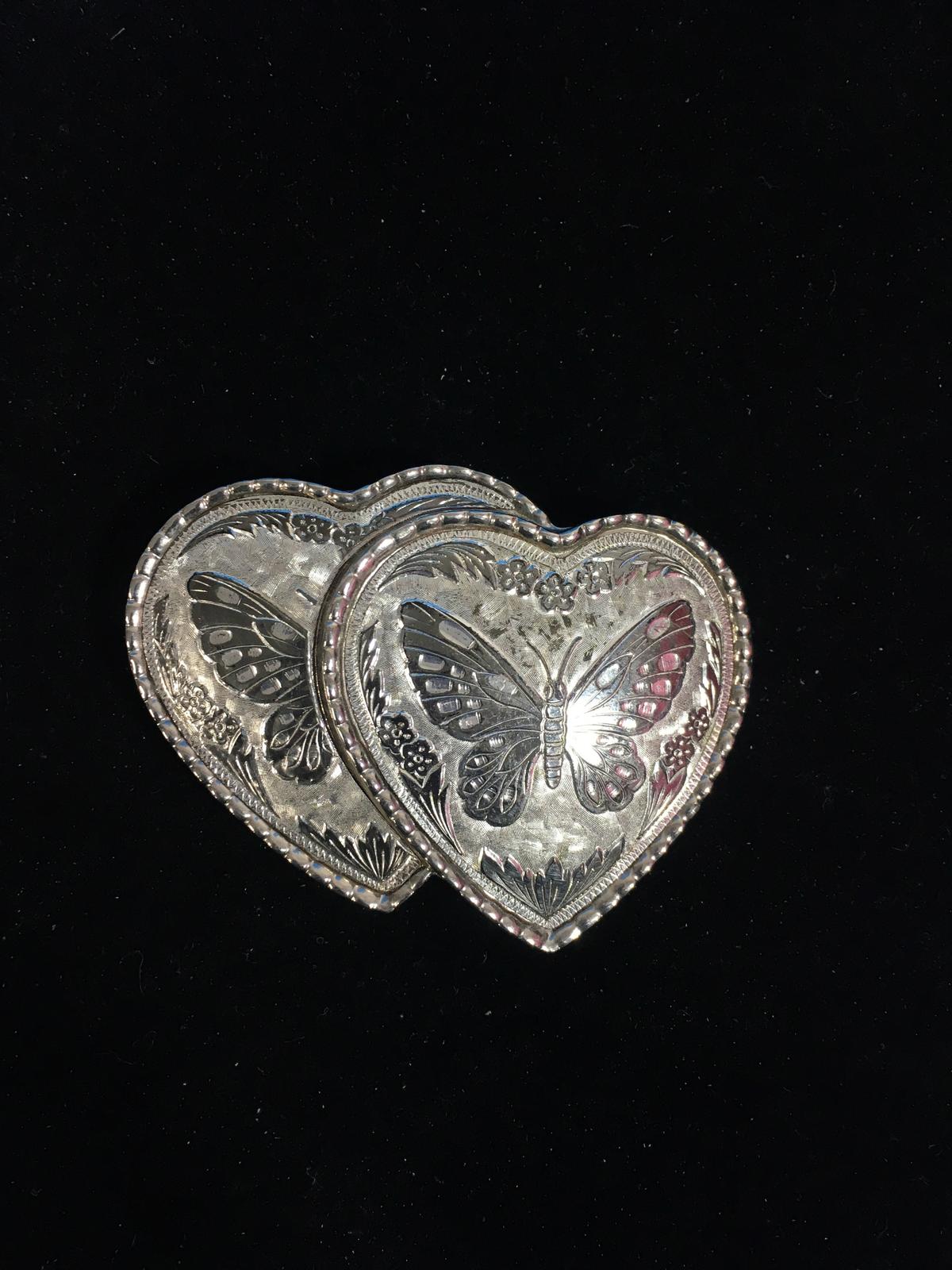 Dual Hearts with Butterflies Silver Tone Belt Buckle