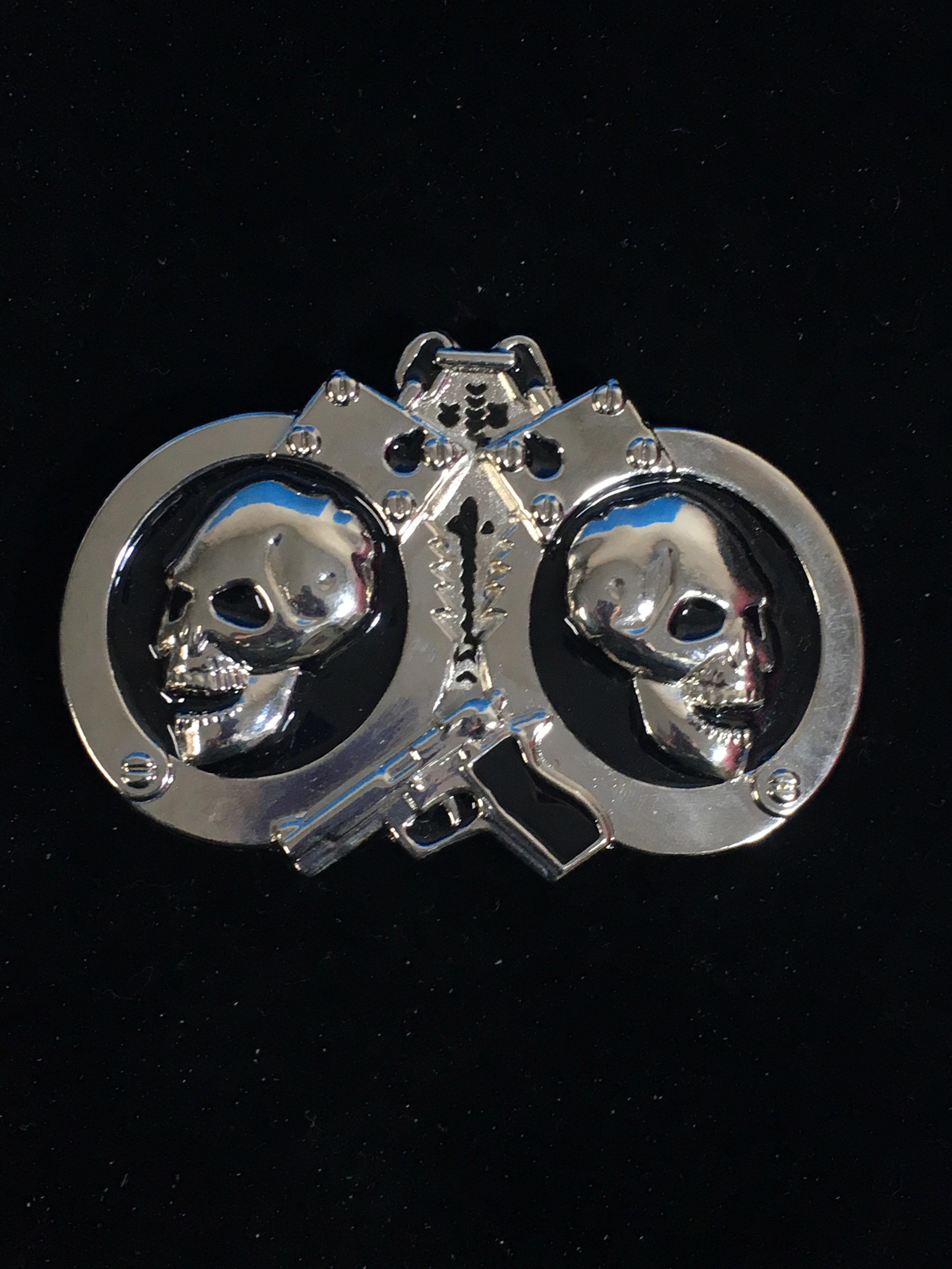 Skulls In Handcuffs with 9mm Handgun Silver Tone Belt Buckle