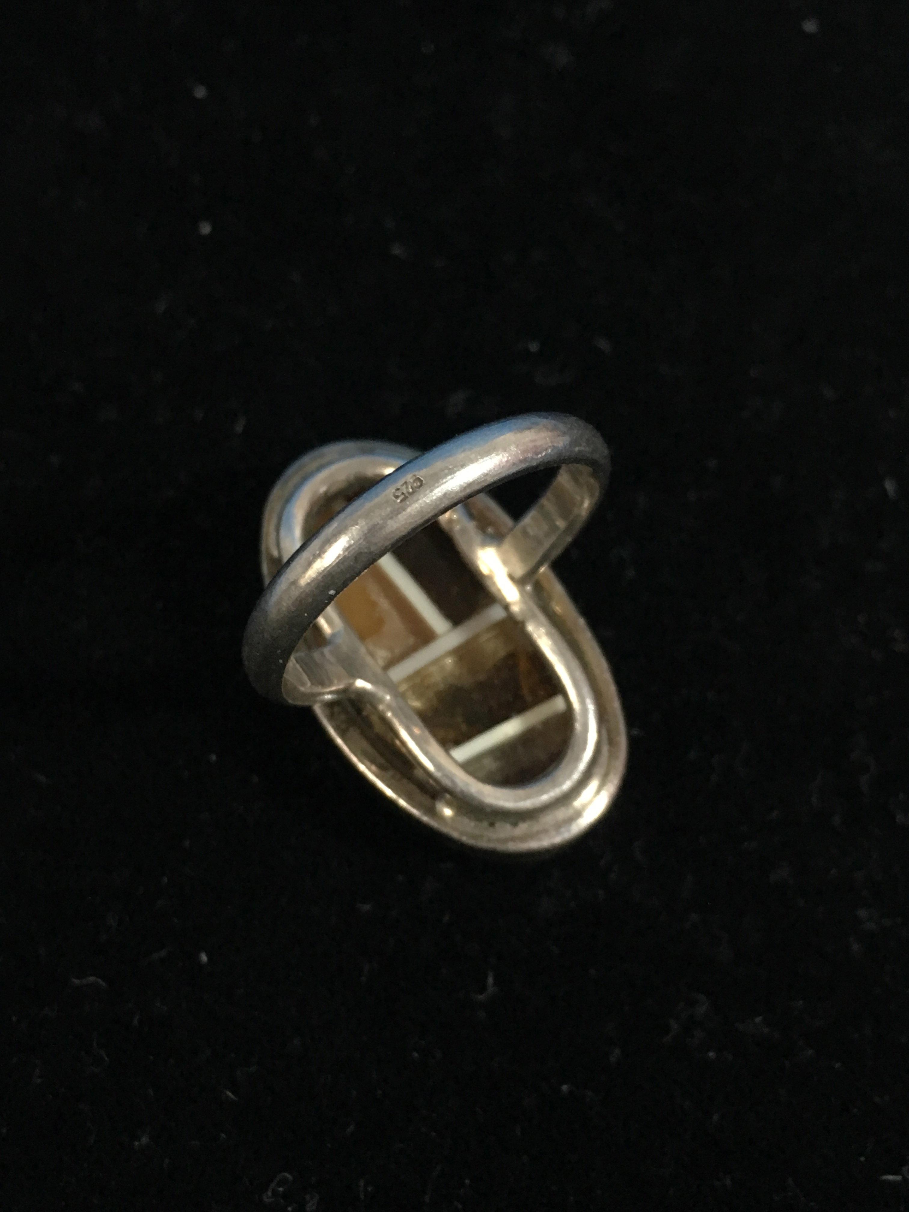 Vintage Sterling Silver & Amber Inlay Ring - Size 7.5