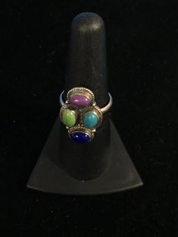 Bali Style Sterling Silver Ring W/ Blue Lapis, Turquoise & More - Size 6.75