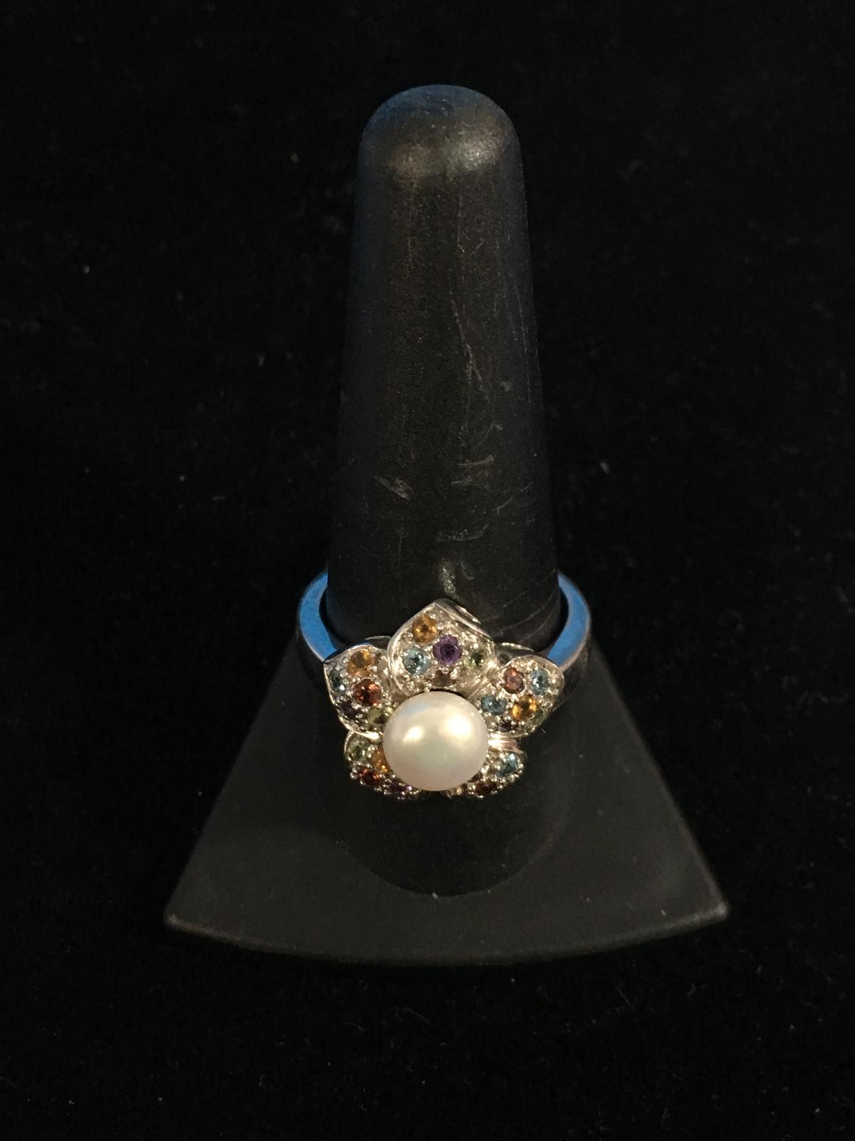 Pearl & Gemstone Sterling Silver Ring - Size 10