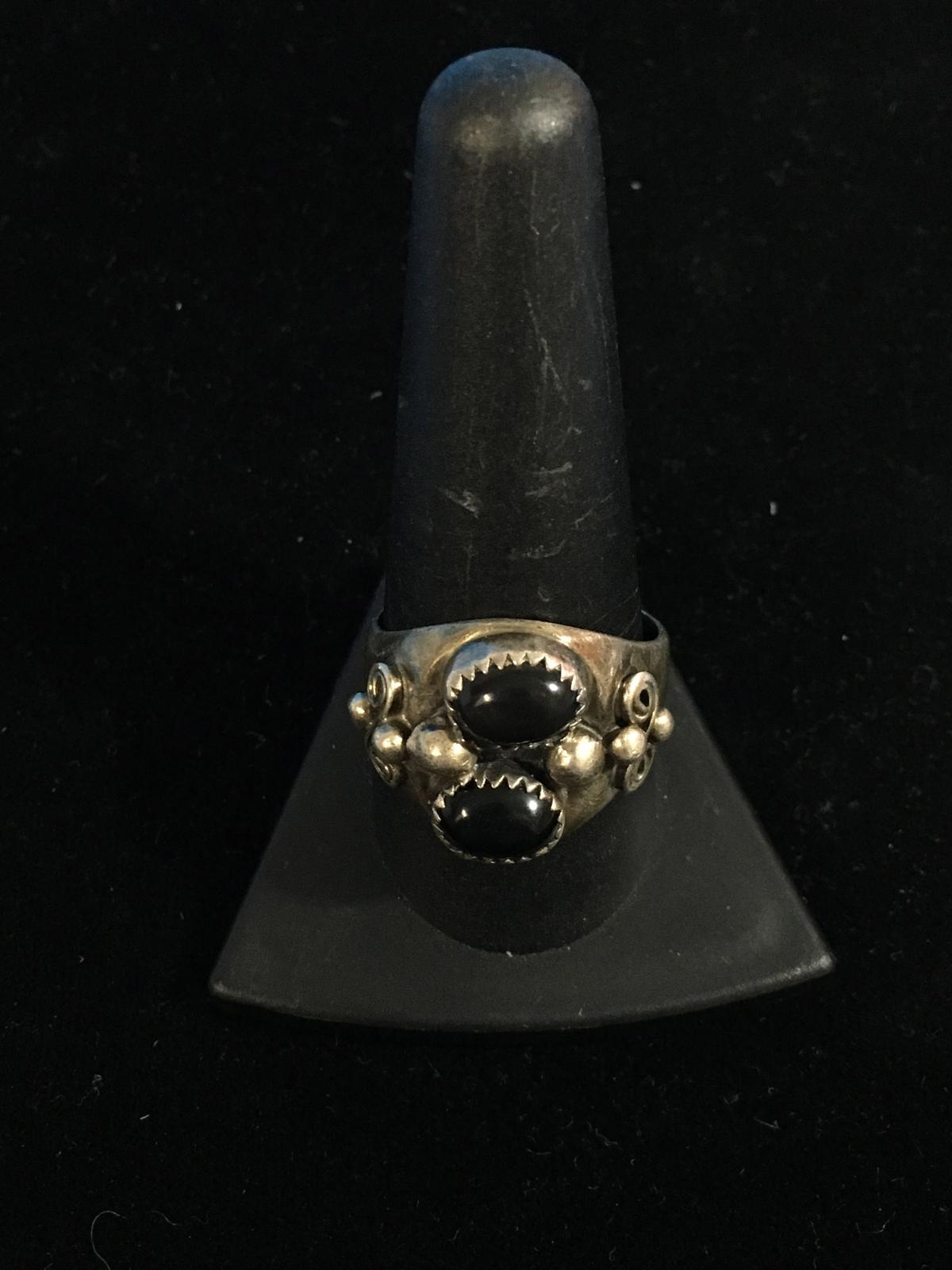 Old Pawn Native "MC" Sterling Silver & Black Onyx Ring - Size 10.5
