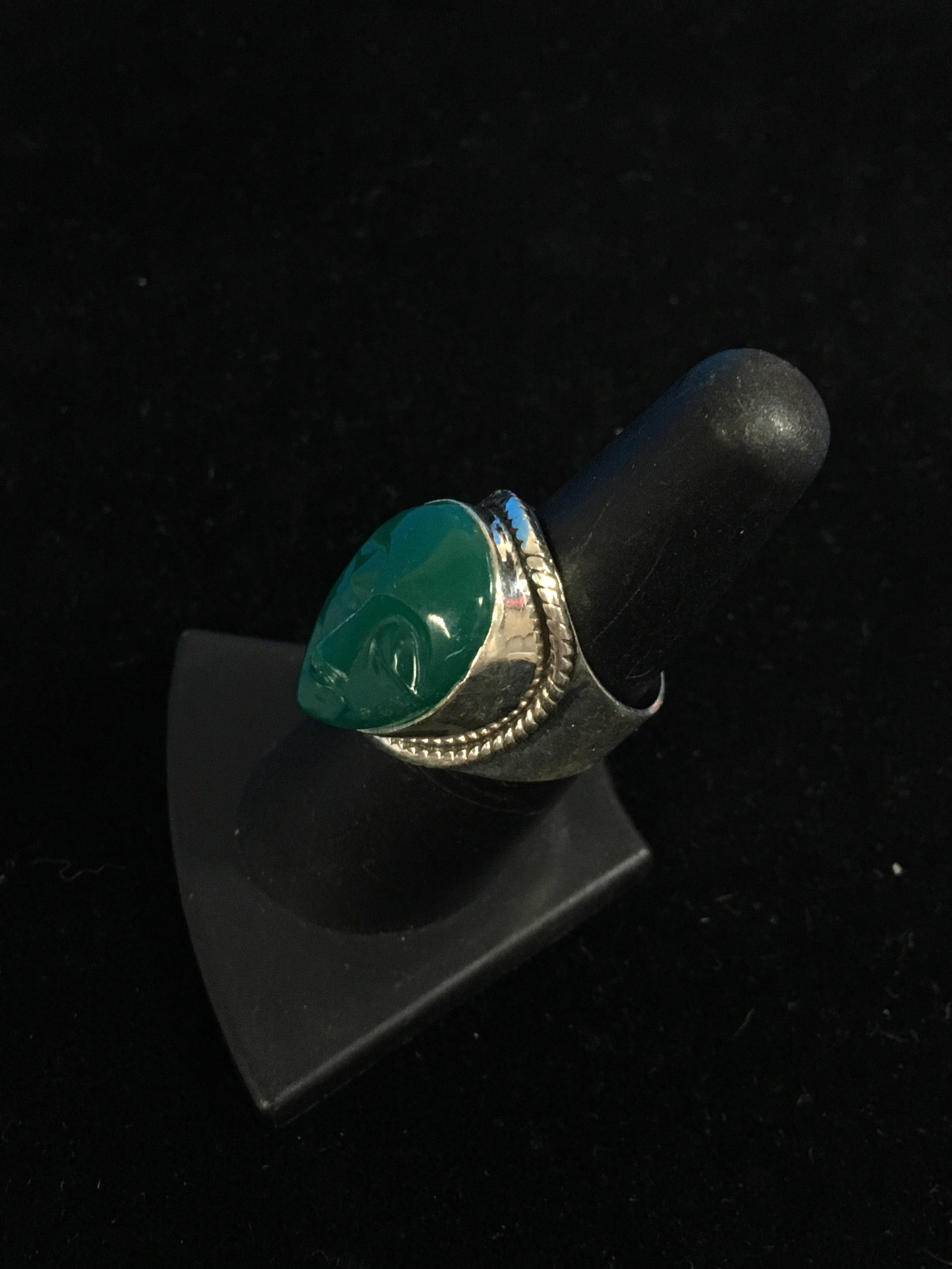 Carved Green Onyx Face Sterling Silver Ring - Size 7