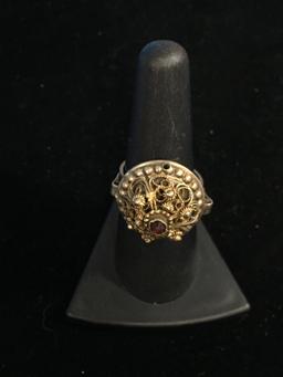 Antique 800 Silver & Red Rhinestone Ring W/ Goldwash - Size 7