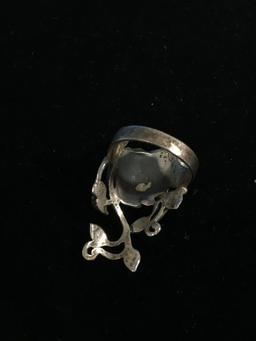 Carved Sterling Silver Rose Flower Ornate Tall Ring - Size 9