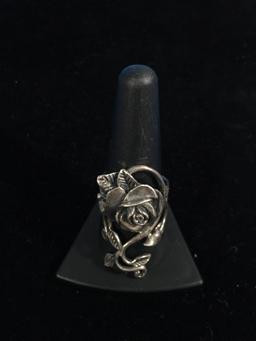 Carved Sterling Silver Rose Flower Ornate Tall Ring - Size 9