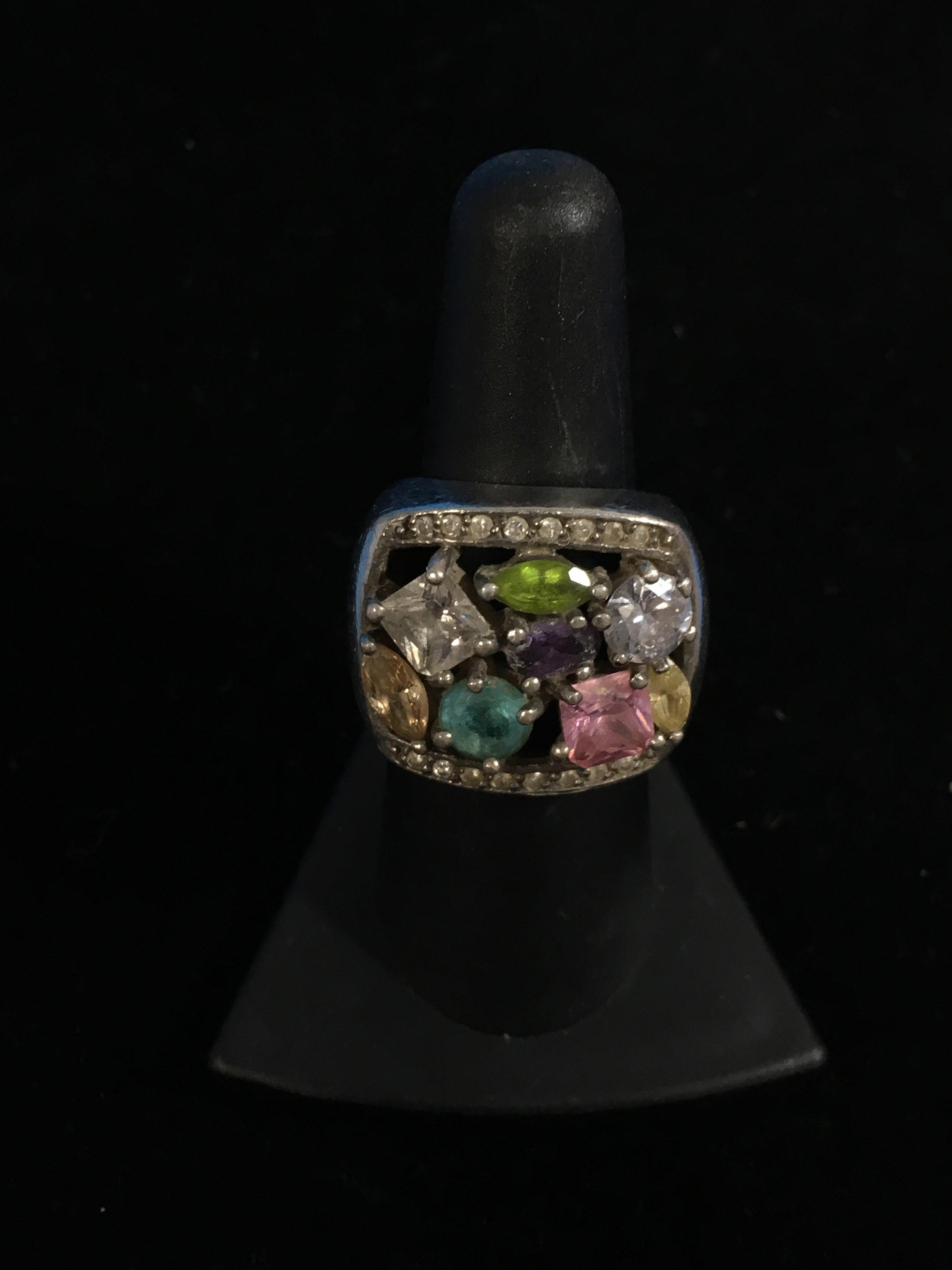 RARE Large Sterling Silver & Precious Gemstone Mother's Ring - Size 7