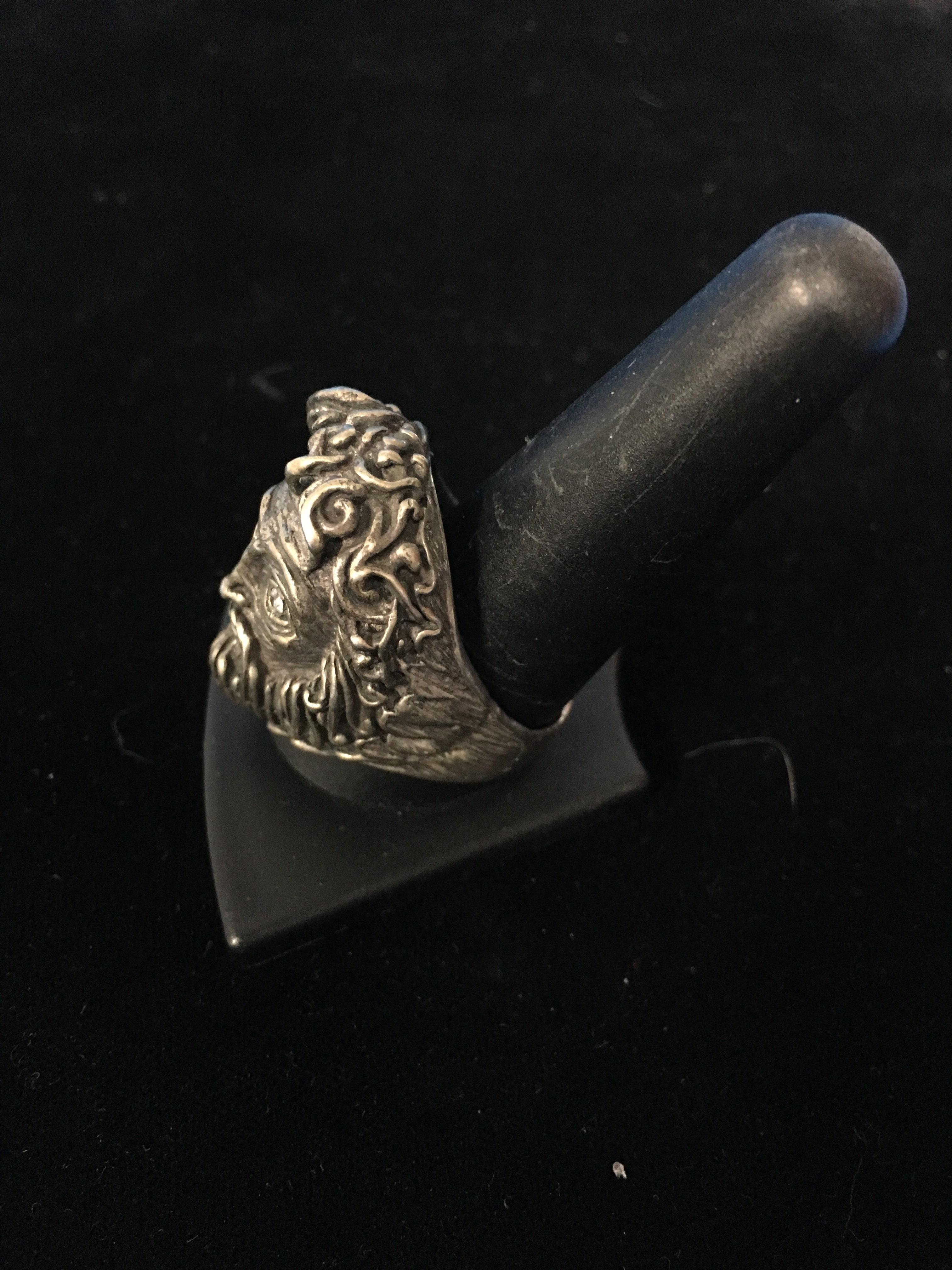 RARE Large Carved Sterling Silver Jesus Motif Ring - Size 12