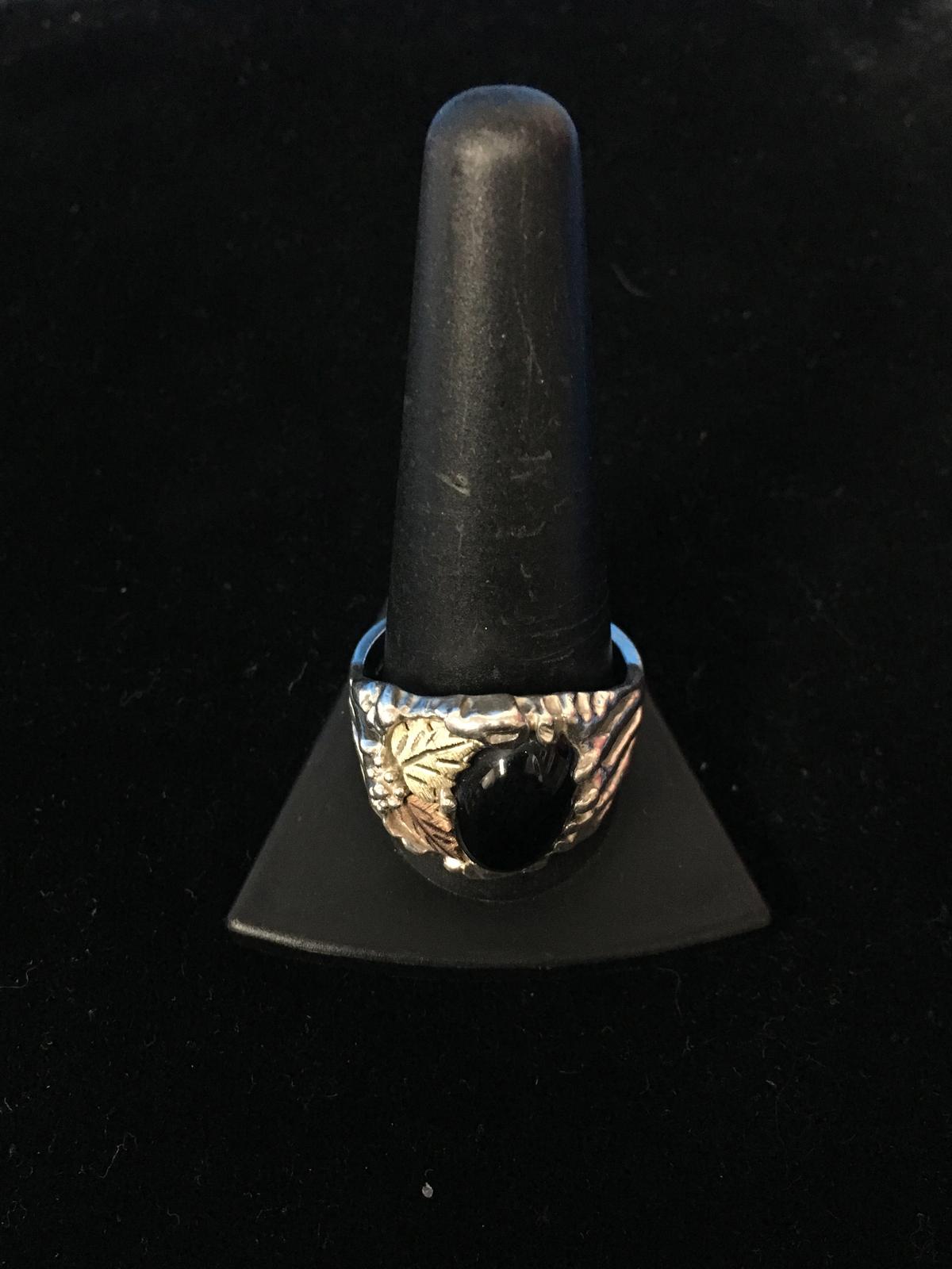 Large Men's Sterling Silver Ring W/ 12K Gold Leaves & Black Onyx - Size 13