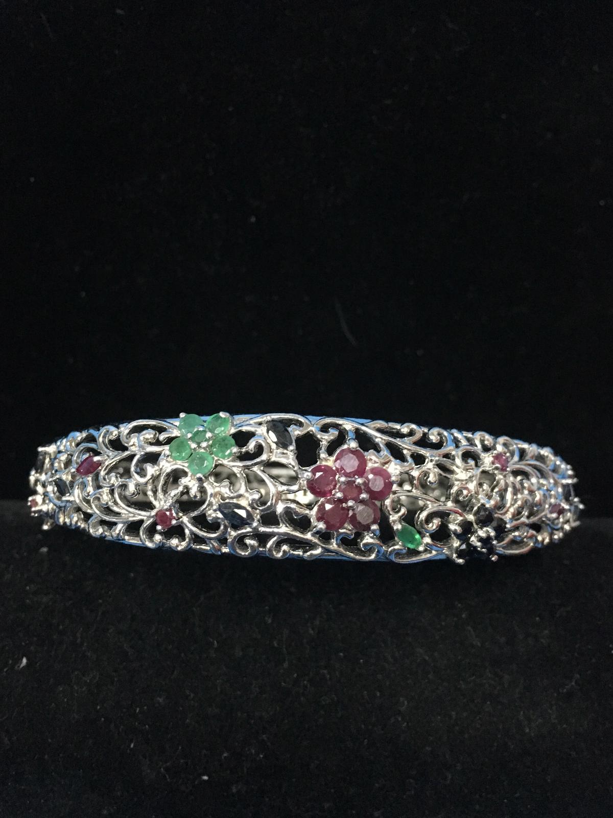 Beautiful Floral Sterling Silver Bangle Clasp Bracelet W/ Lap Created Emeralds, Rubies, & Sapphires