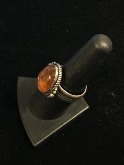 Signed Sterling Silver & Amber Ring - Size 8