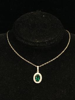 NEW LC Emerald & White Sapphire Sterling Silver Pendant W/ 18" Sterling Necklace