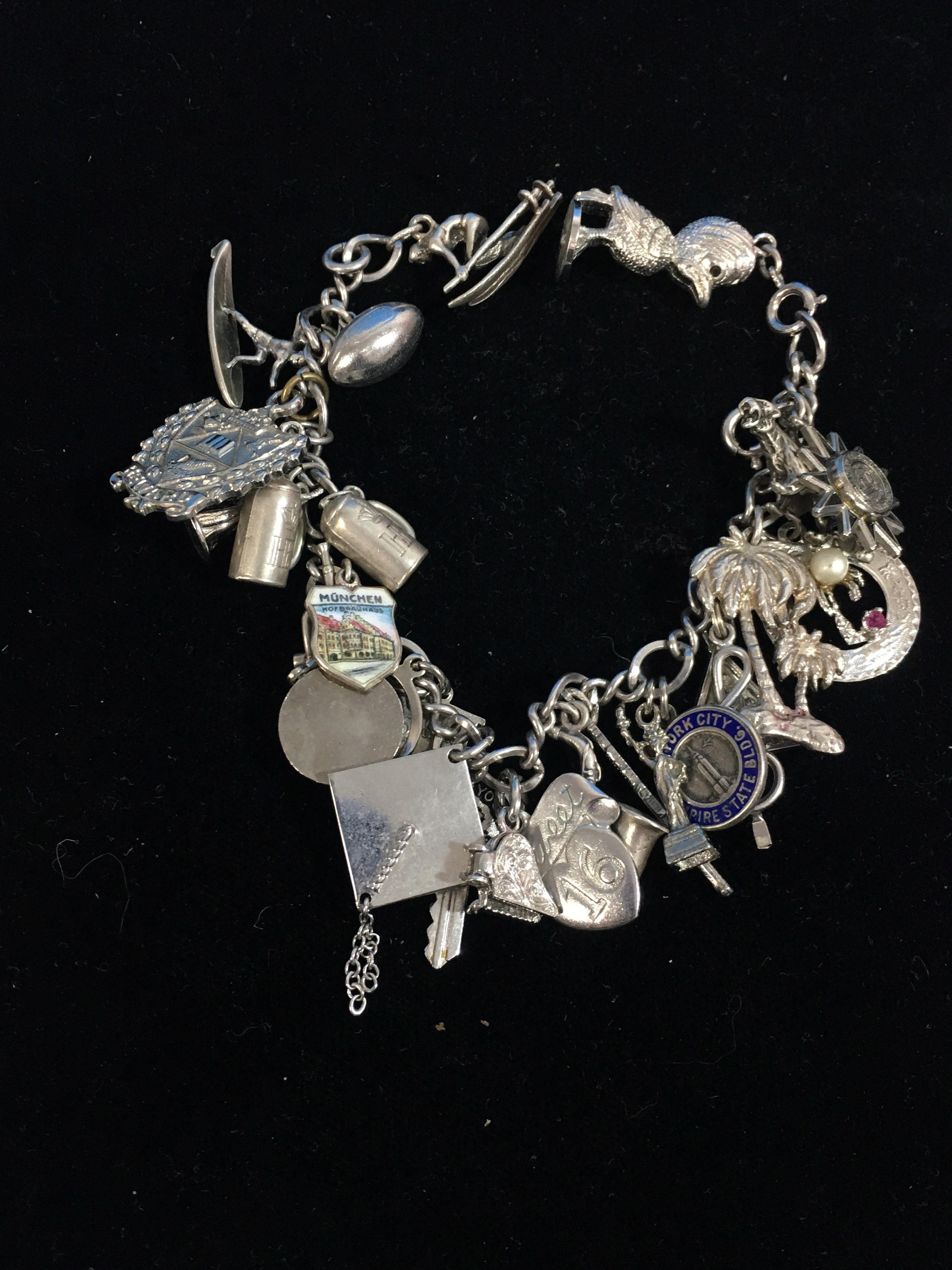 7.5" Super Loaded Sterling Silver Charm Bracelet - 26 Charms - 61 Grams