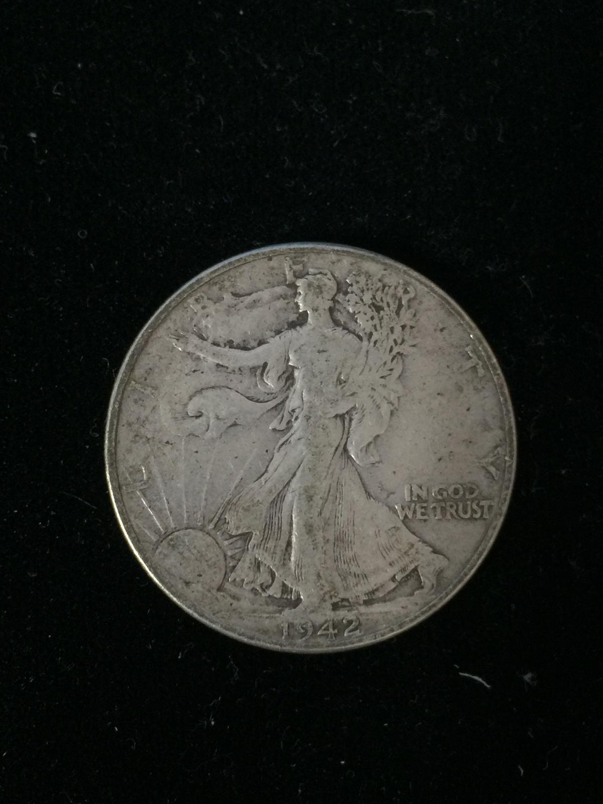 1942 United States Walking Liberty Silver Half Dollar - 90% Silver Coin