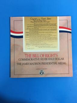 1993 Bill of Rights Commemorative 90% Silver Half Dollar & James Madison Presidential Medal - US Min