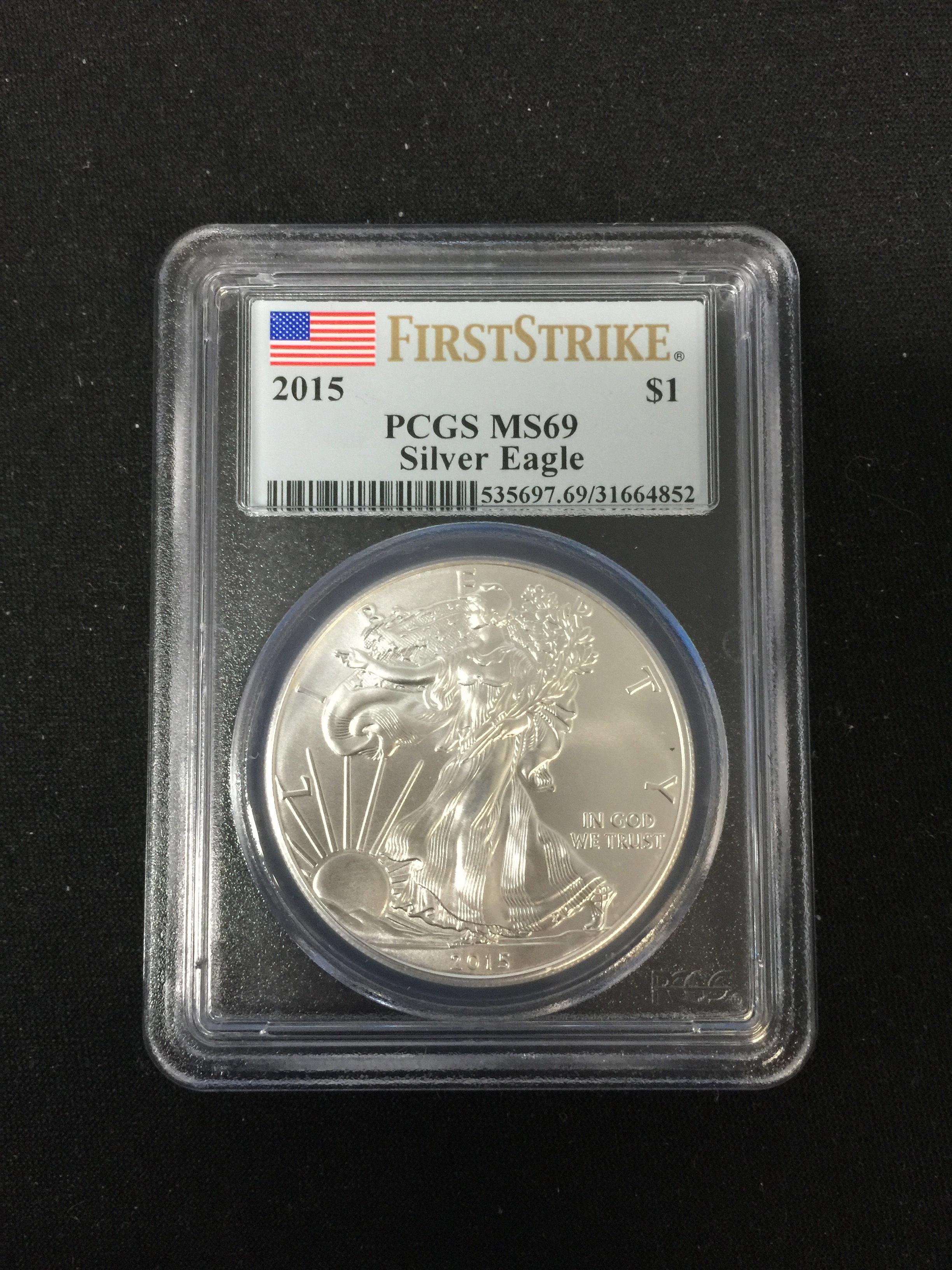 PCGS Graded First Strike MS69 2015 American Silver Eagle 1 Ounce Silver Round
