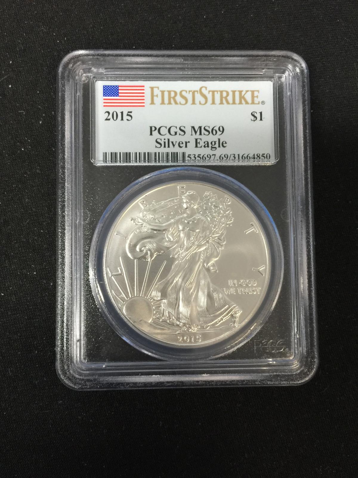 PCGS Graded First Strike MS69 2015 American Silver Eagle 1 Ounce Silver Round