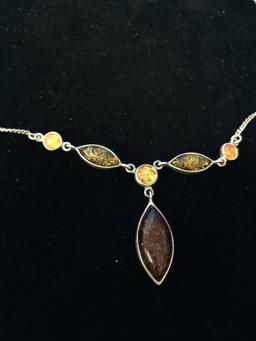 Multi Colored Amber Sterling Silver 17" Necklace