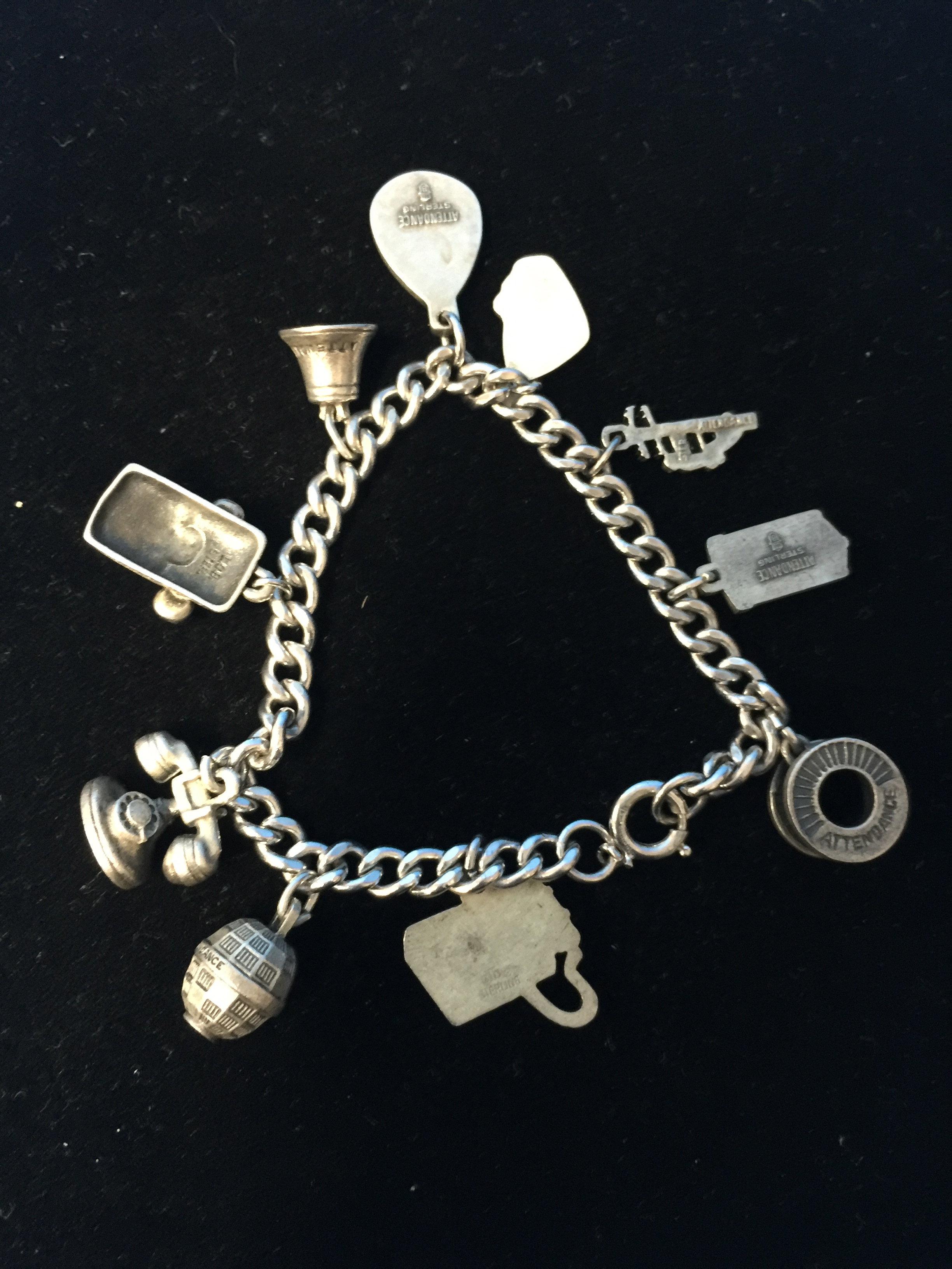 7.5" Heavy Sterling Silver Charm Bracelet W/ 10 Sterling Charms - 50 Grams