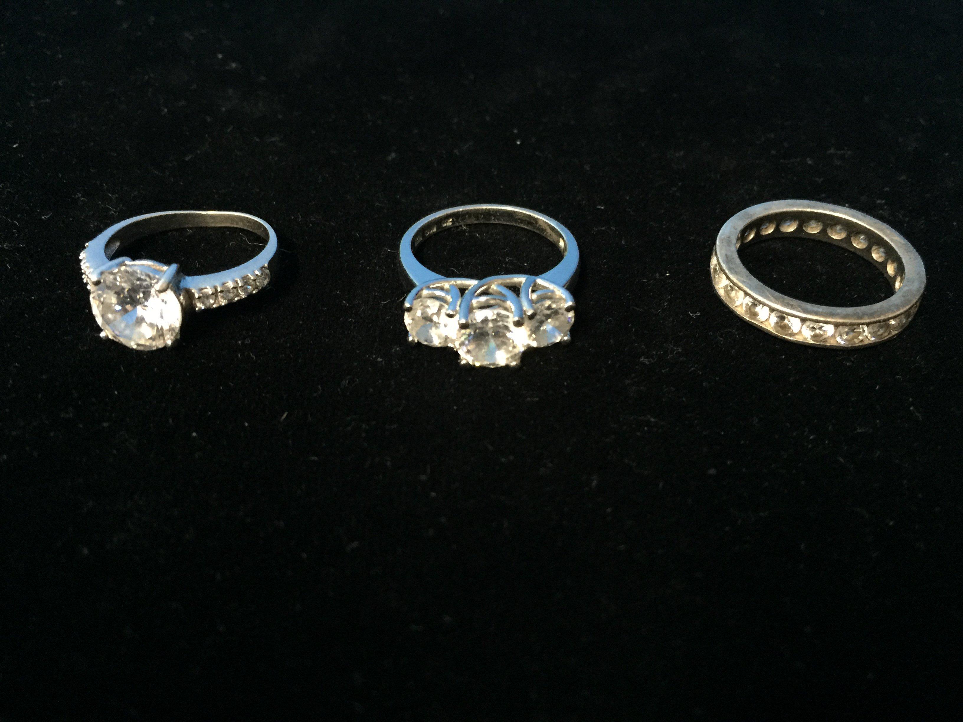 3 Sterling Silver Rings W/ Cubic Zirconia