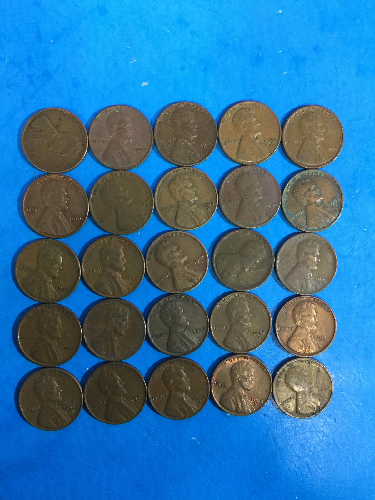 25 Count Lot of United States Lincoln Cent Wheat Pennies