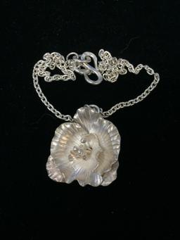 16" Sterling Silver Flower Pendant Necklace - 36 Grams
