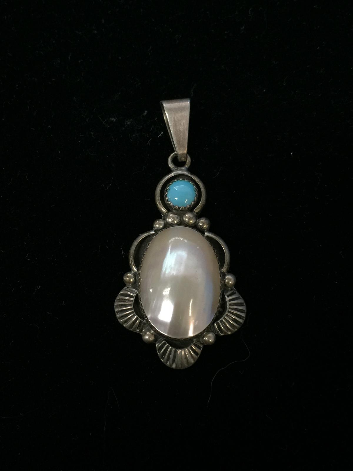 RB Native American Sterling Silver Pendant W/ MOP & Turquoise