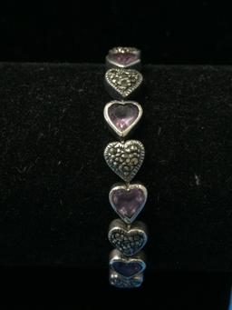 6.5" Heart Linked Sterling Silver Tennis Bracelet - Amethyst & Marcasite Gemstones