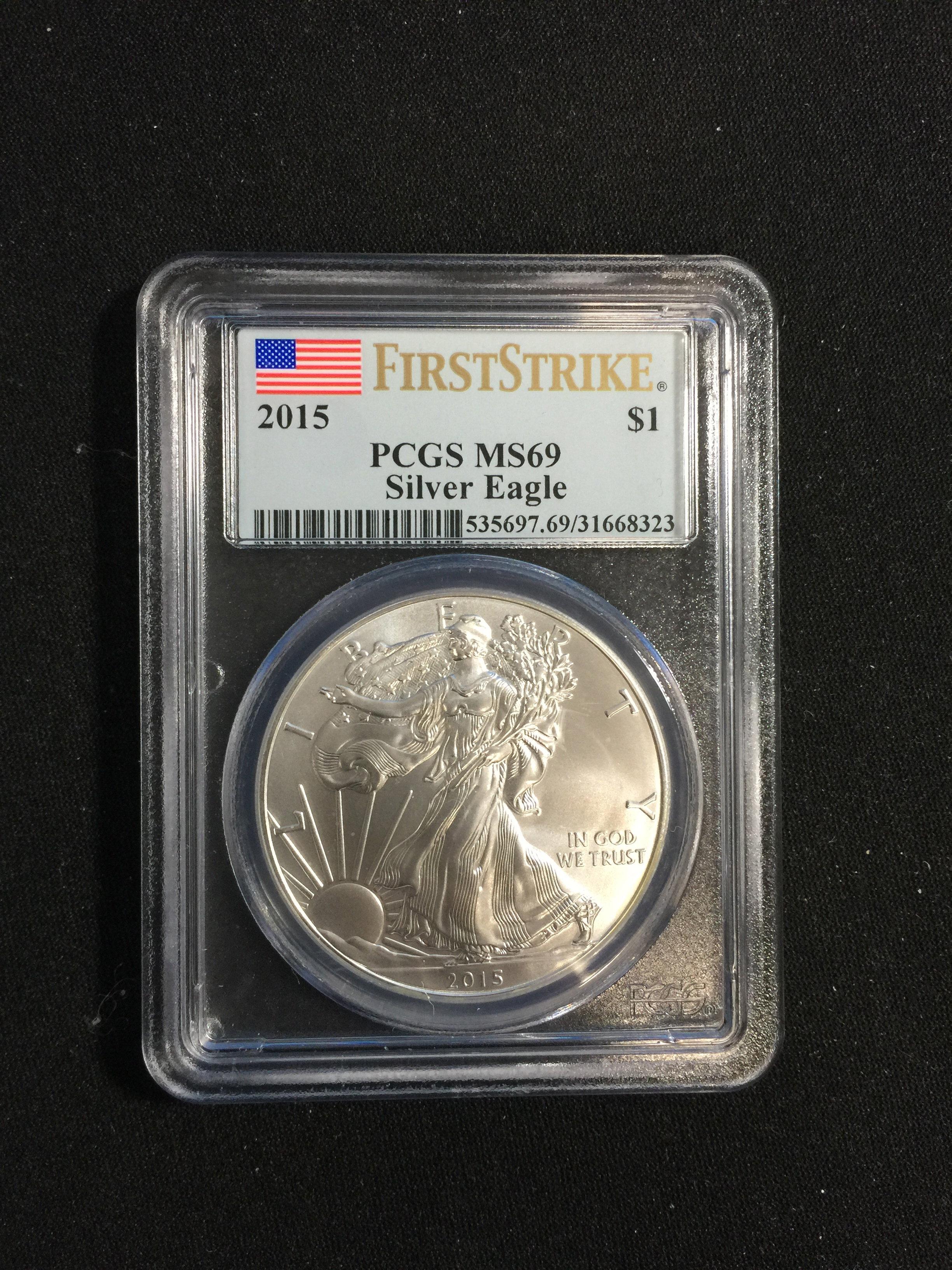 First Strike 2015 U.S. 1 Troy Ounce .999 Fine Silver American Eagle Bullion - PCGS MS69