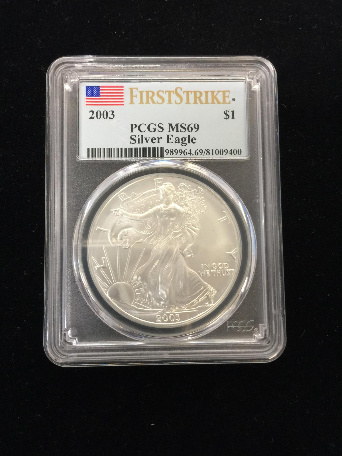 PCGS MS69 First Strike 2003 American Silver Eagle 1 Ounce .999 Silver Coin