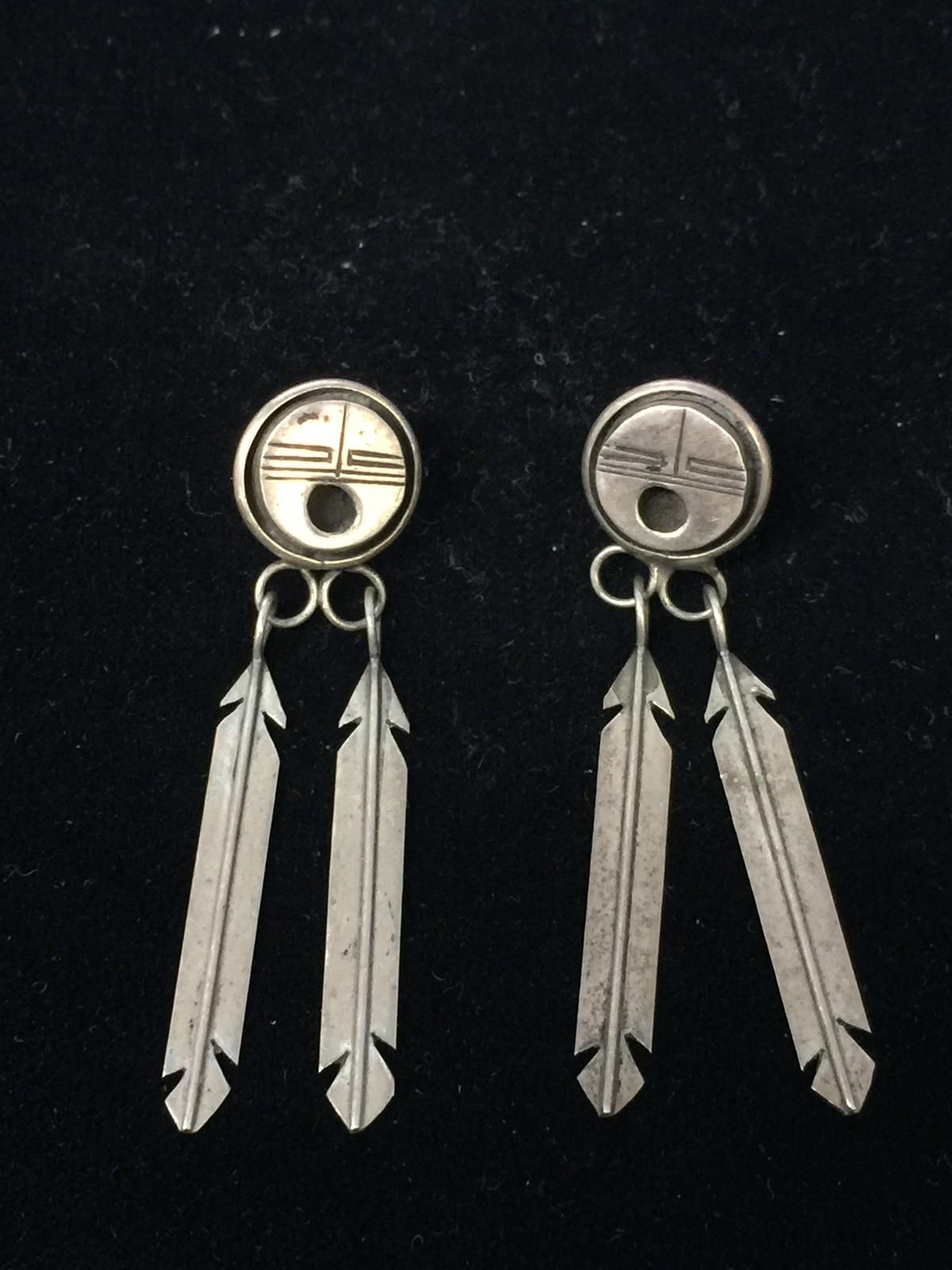 VK Native American Sterling Silver Feather Dangle Earrings