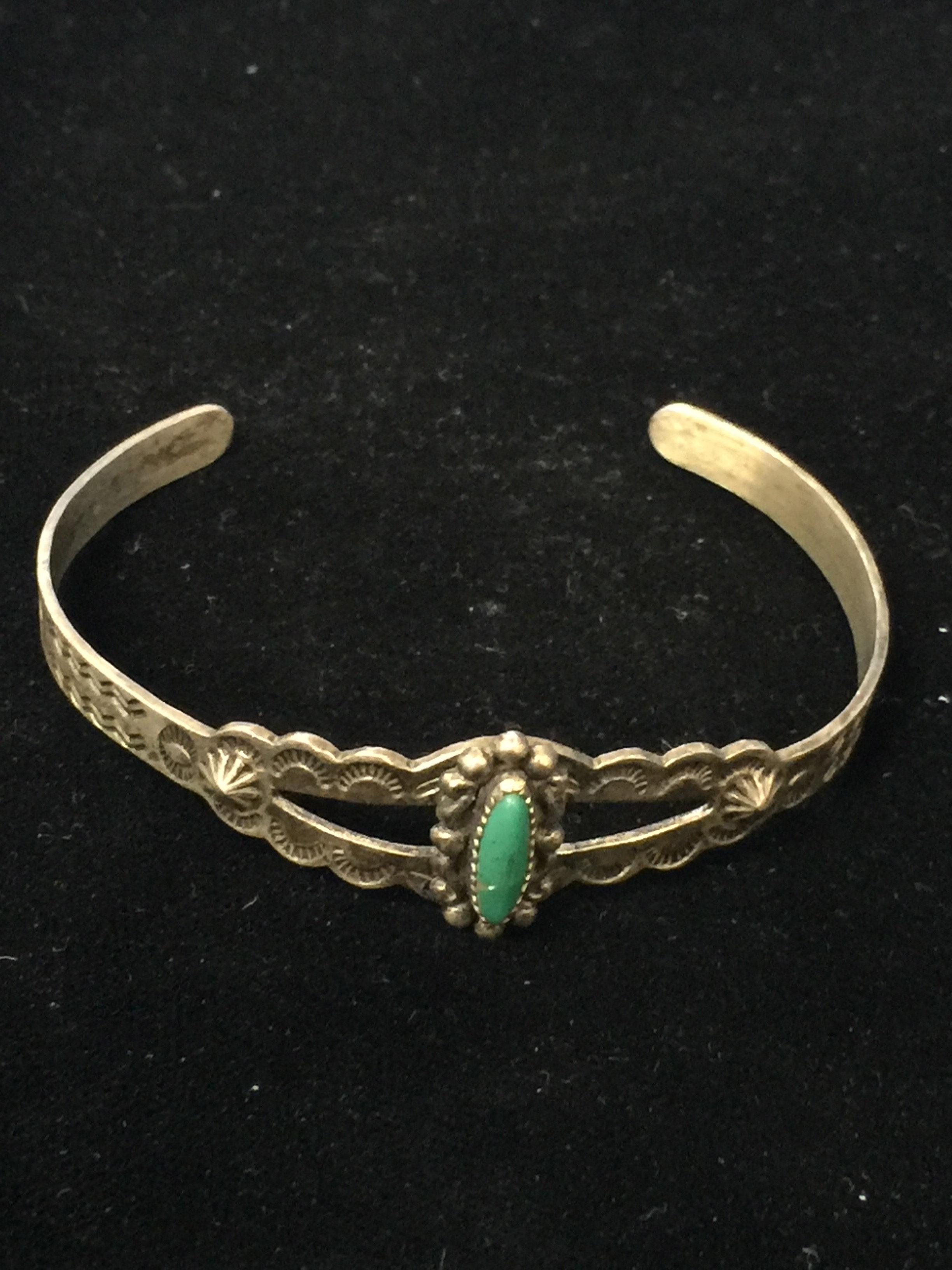 Old Pawn Native American Sterling Silver & Green Turquoise Cuff Bracelet