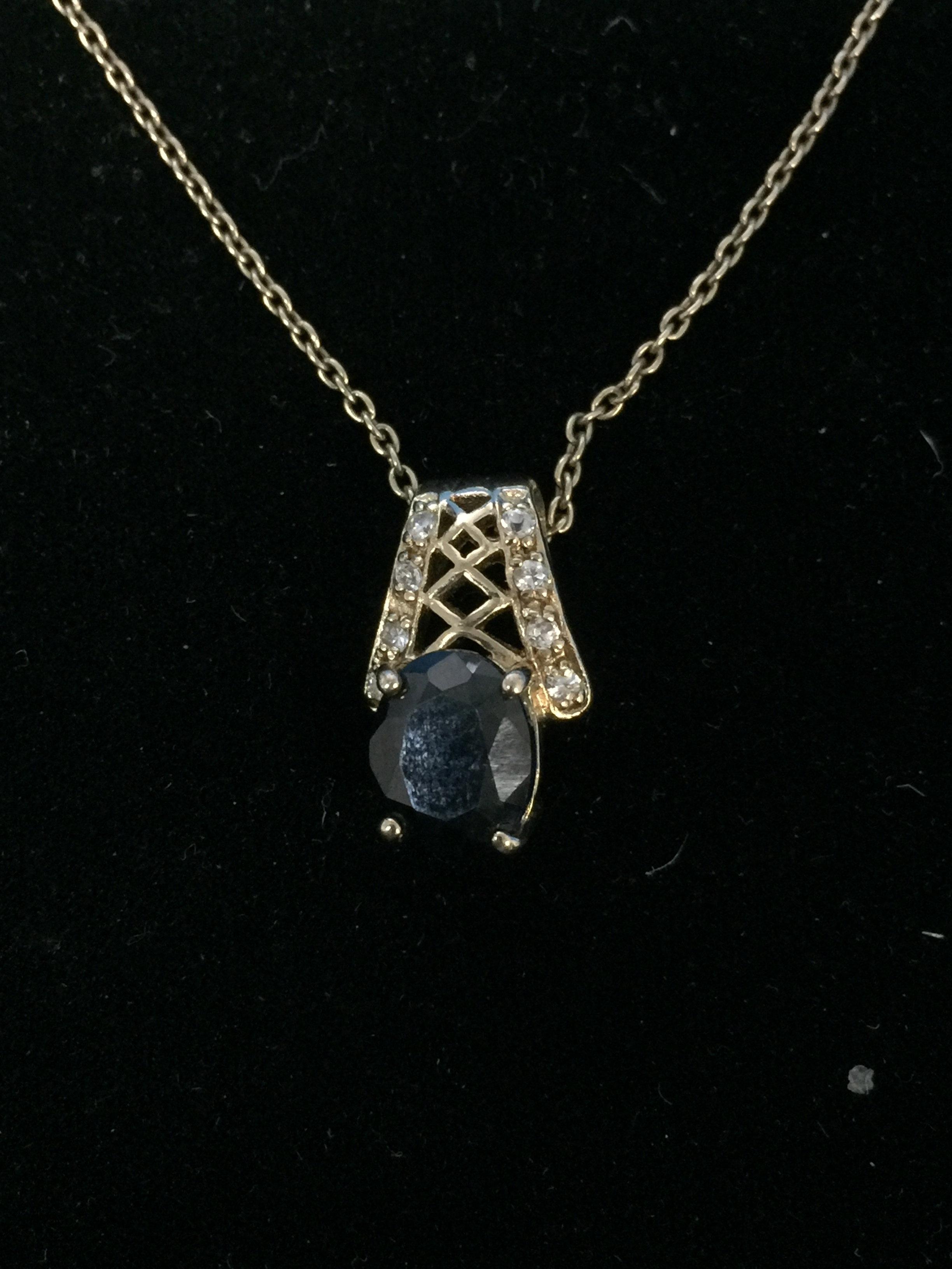 Sapphire & Diamond Sterling Silver Pendant W/ 18" Sterling Chain