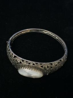 Beautiful Sterling Silver Bangle Cuff Bracelet W/ MOP & Marcasite - 21 Grams