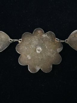 Old Pawn Puffy Sterling Silver Heart & Flower 17" Necklace W/ Green Earthstone - 36 Grams