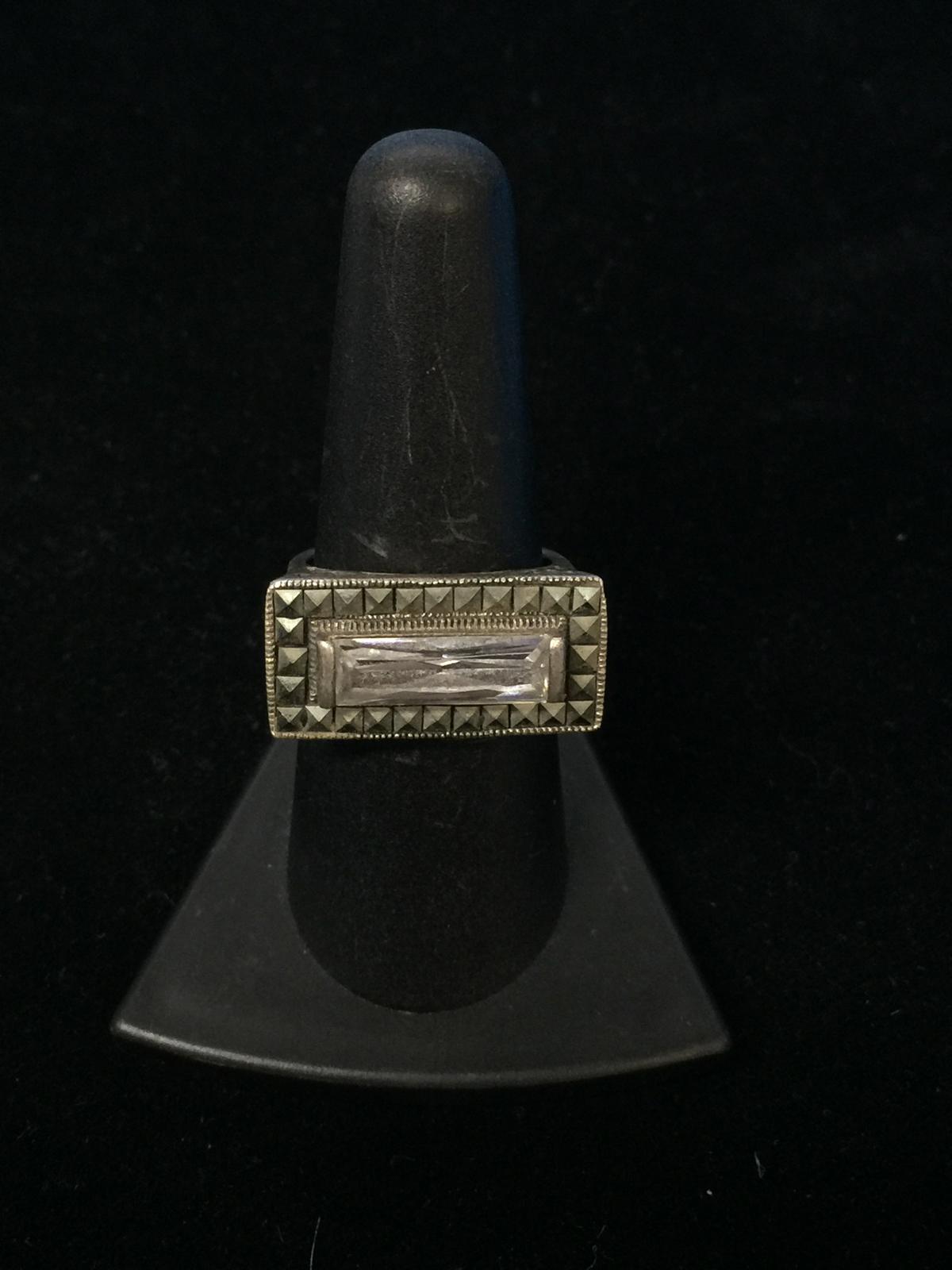 Ornate Square Face Sterling Silver Ring W/ CZ & Marcasite - Size 7.75