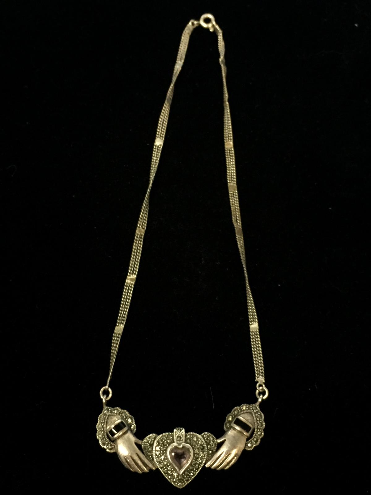 Claddagh Design Sterling Silver 15" Necklace W/ Onyx, Amethyst, & Marcasite - 13 Grams