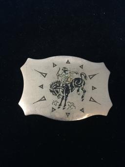 Vintage Silver Tone Belt Buckle with Etched Cowboy on Horseback Design