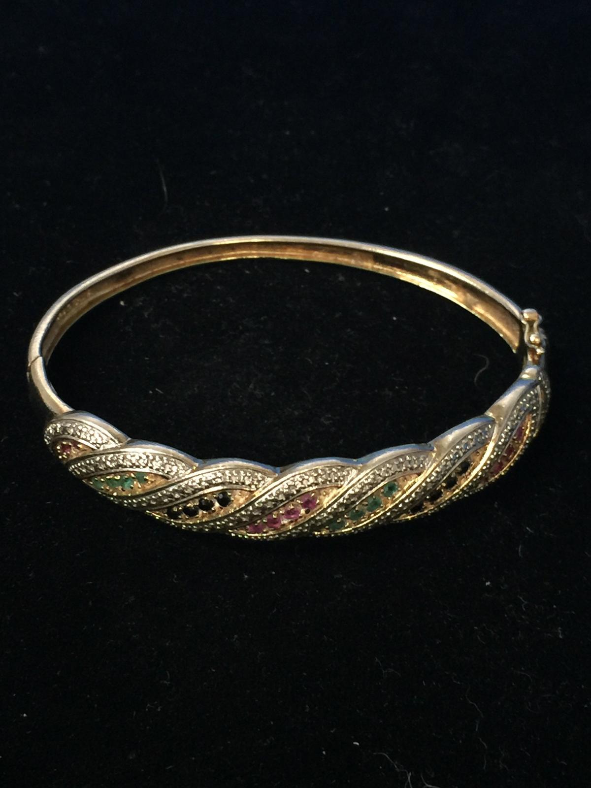Beautiful Sterling Silver Bangle Clasp Bracelet W/ Emeralds, Rubies, Sapphires, & Diamond