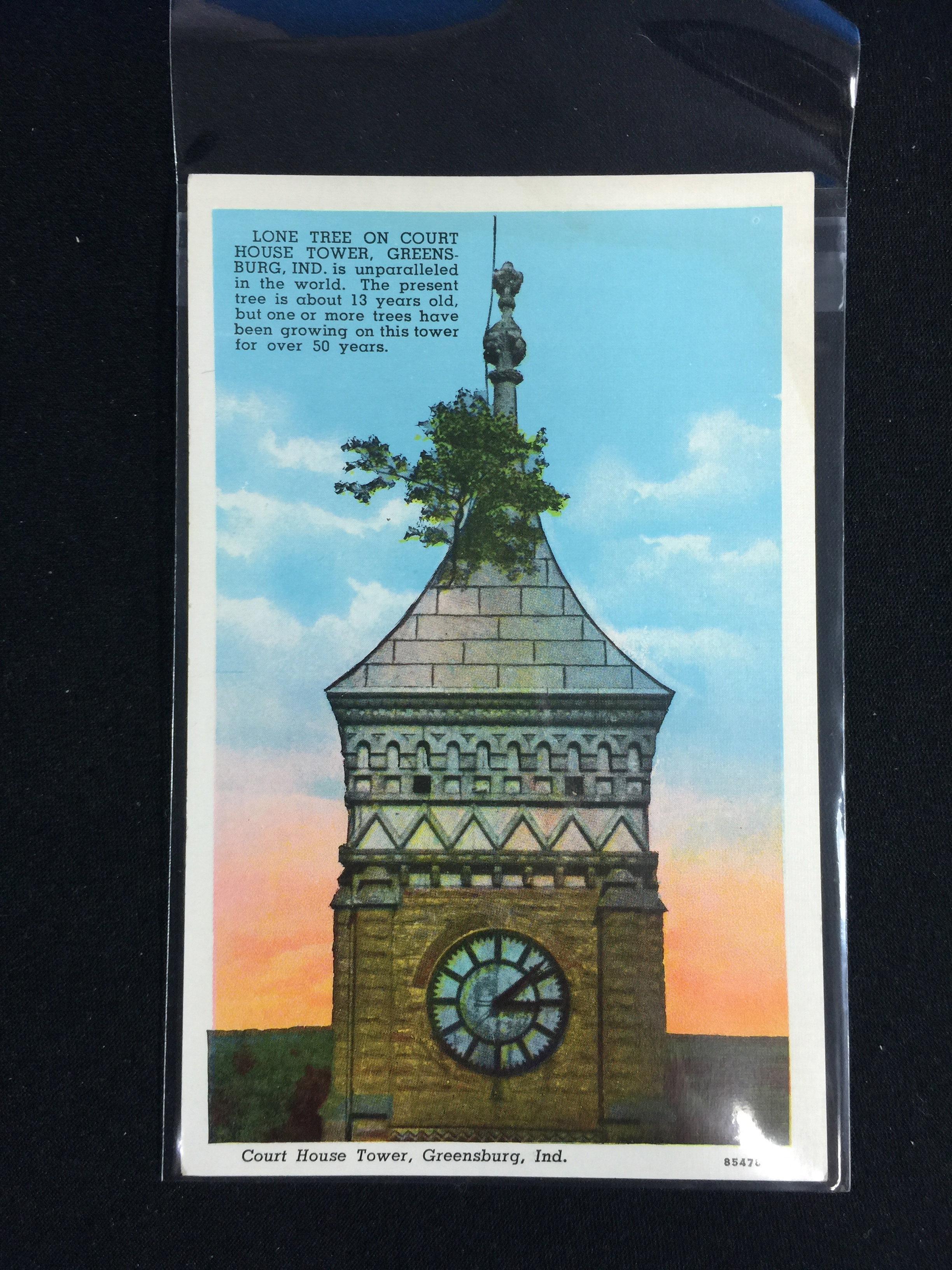 Vintage Unused Postcard - 1930's-20's Lone Tree on Court House Tower, Greensburg, IND.
