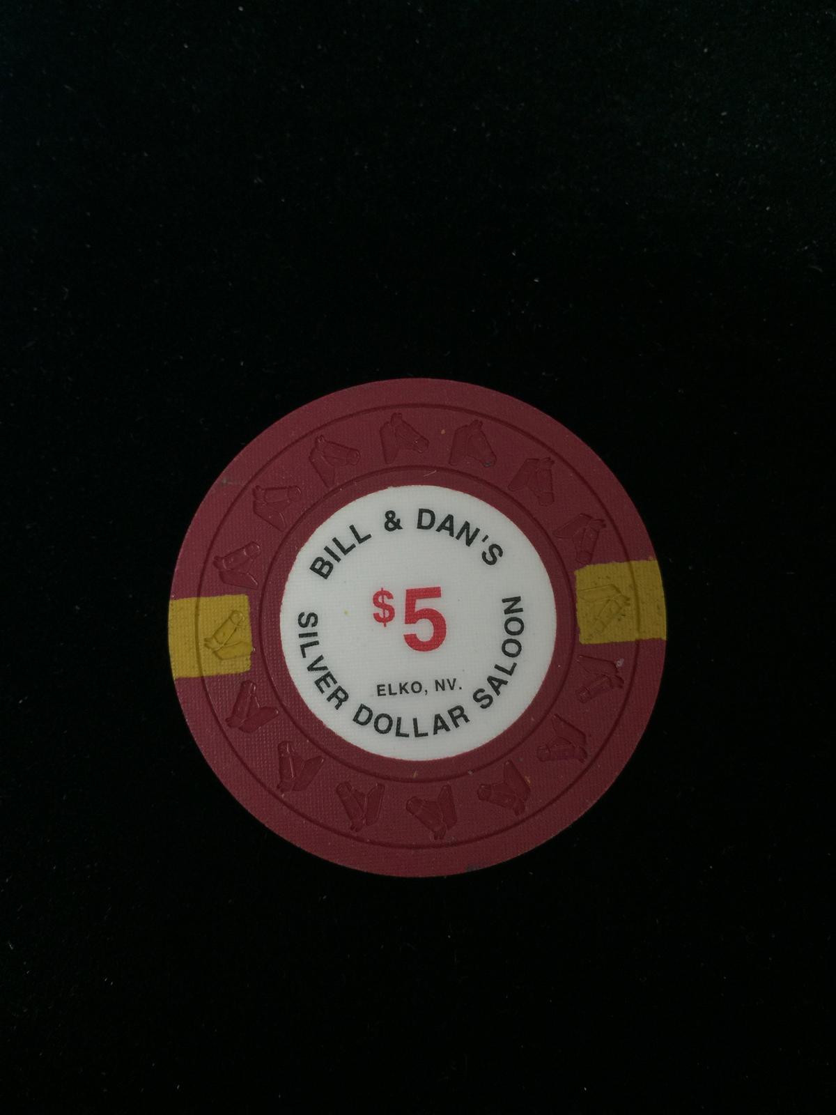 Vintage Bill & Dan's Silver Dollar Saloon - Elko, Nevada $5 Casino Chip - RARE