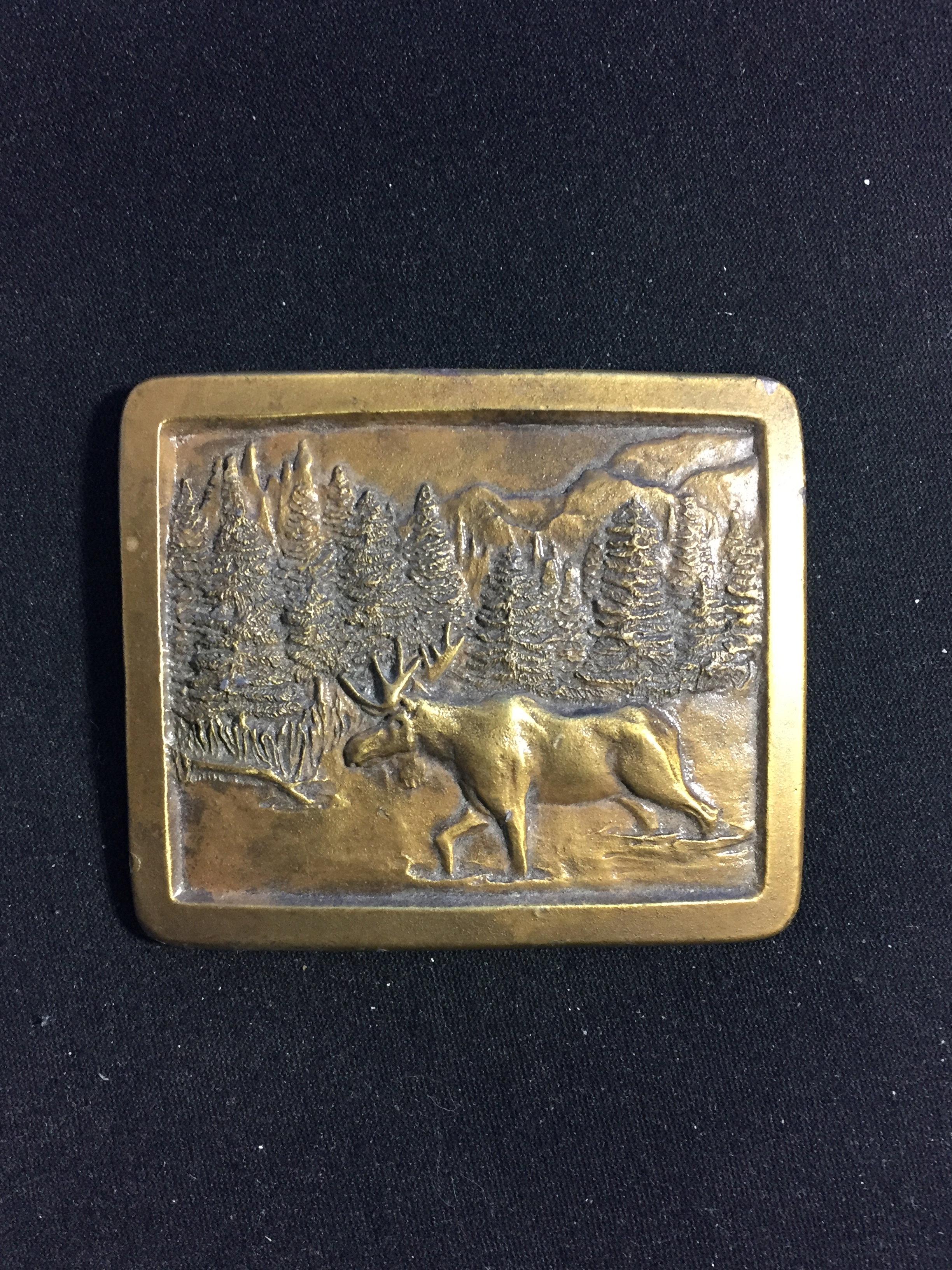 Vintage 1976 Indiana Metal Craft Brass Moose Belt Buckle