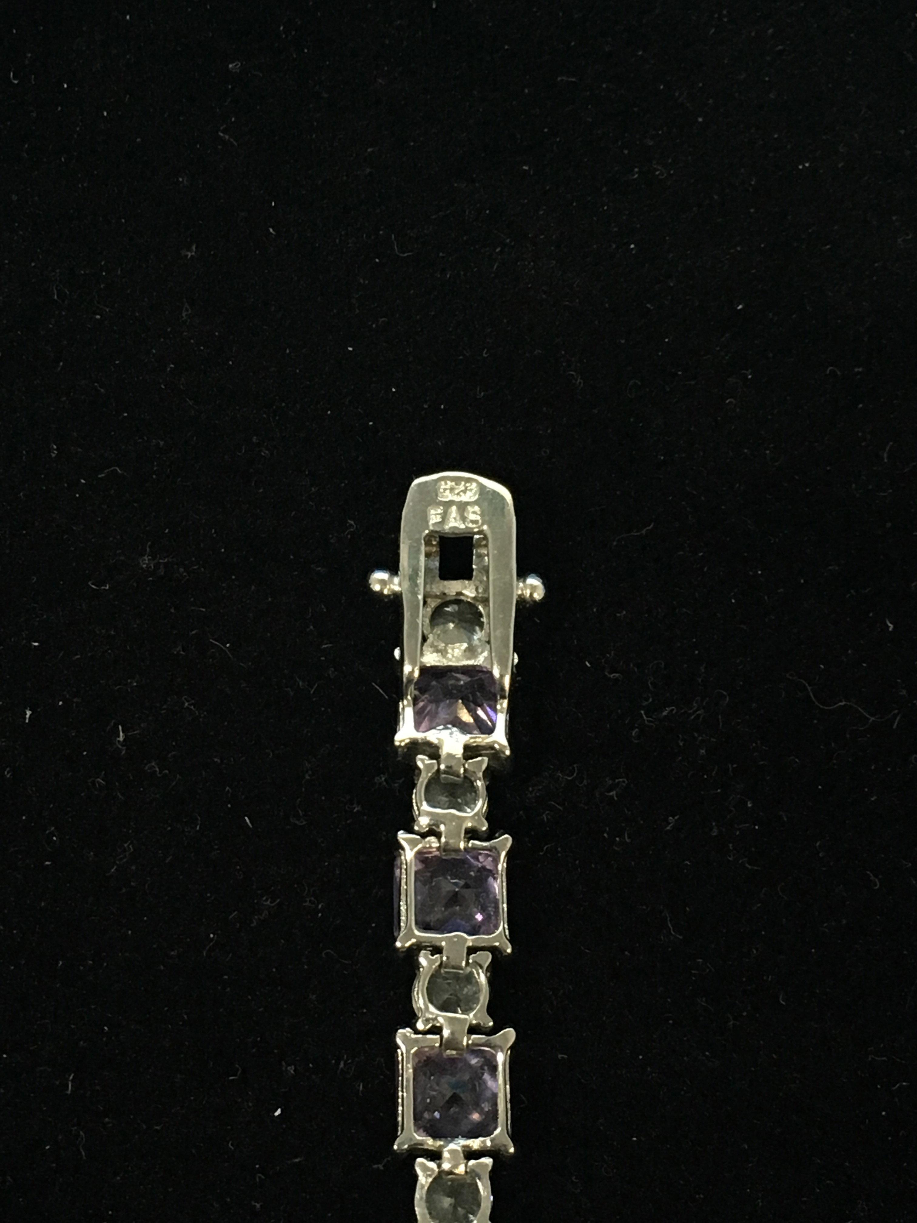 FAS Sterling Silver Tennis Bracelet W/ Purple & White Gemstones - 7"