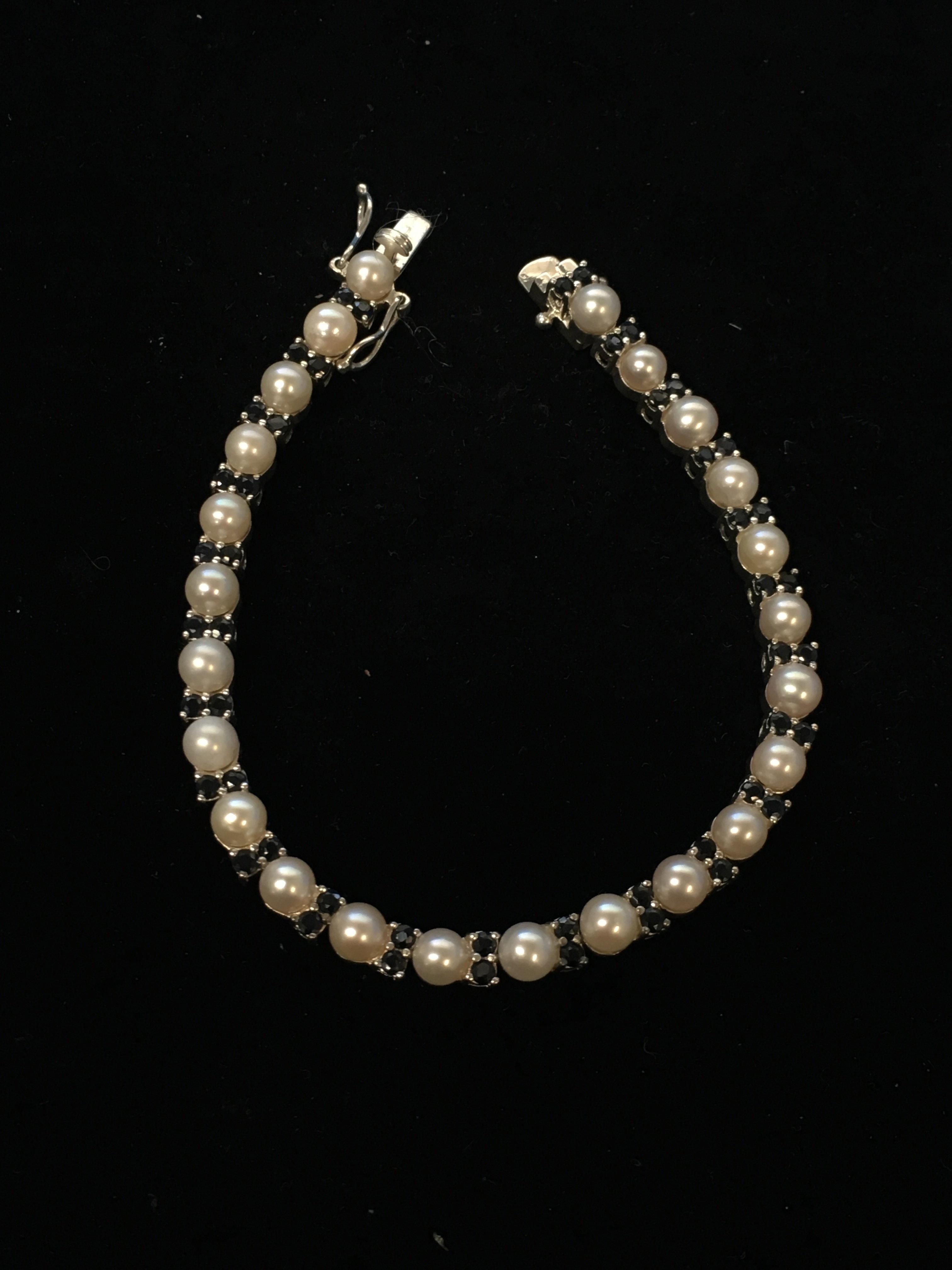 Thai Sterling Silver Tennis Bracelet W/ Sapphires & Pearl -7.5"