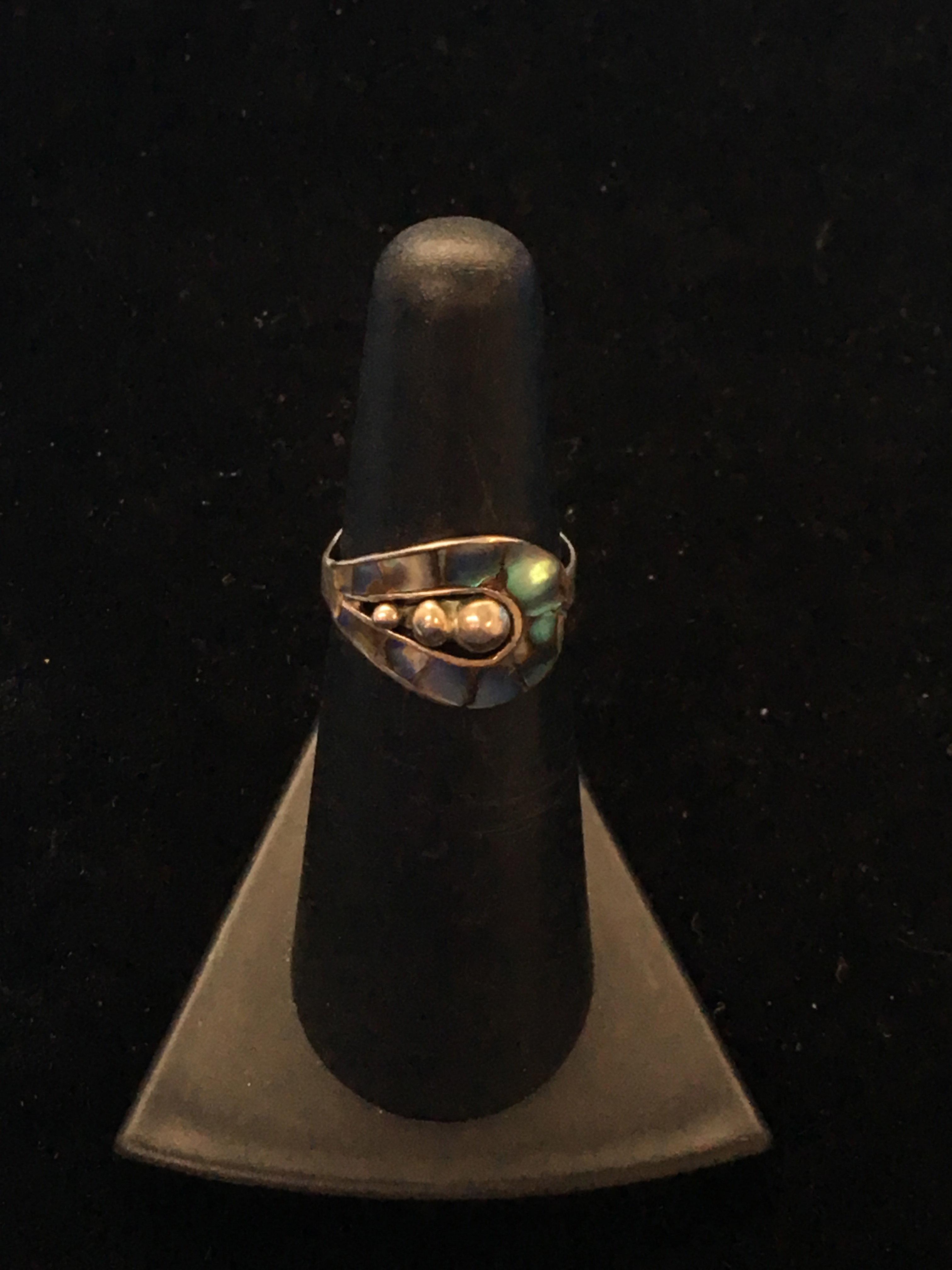 Old Pawn Taxco Sterling Silver & Abalone Inlay Ring - Size 5.25