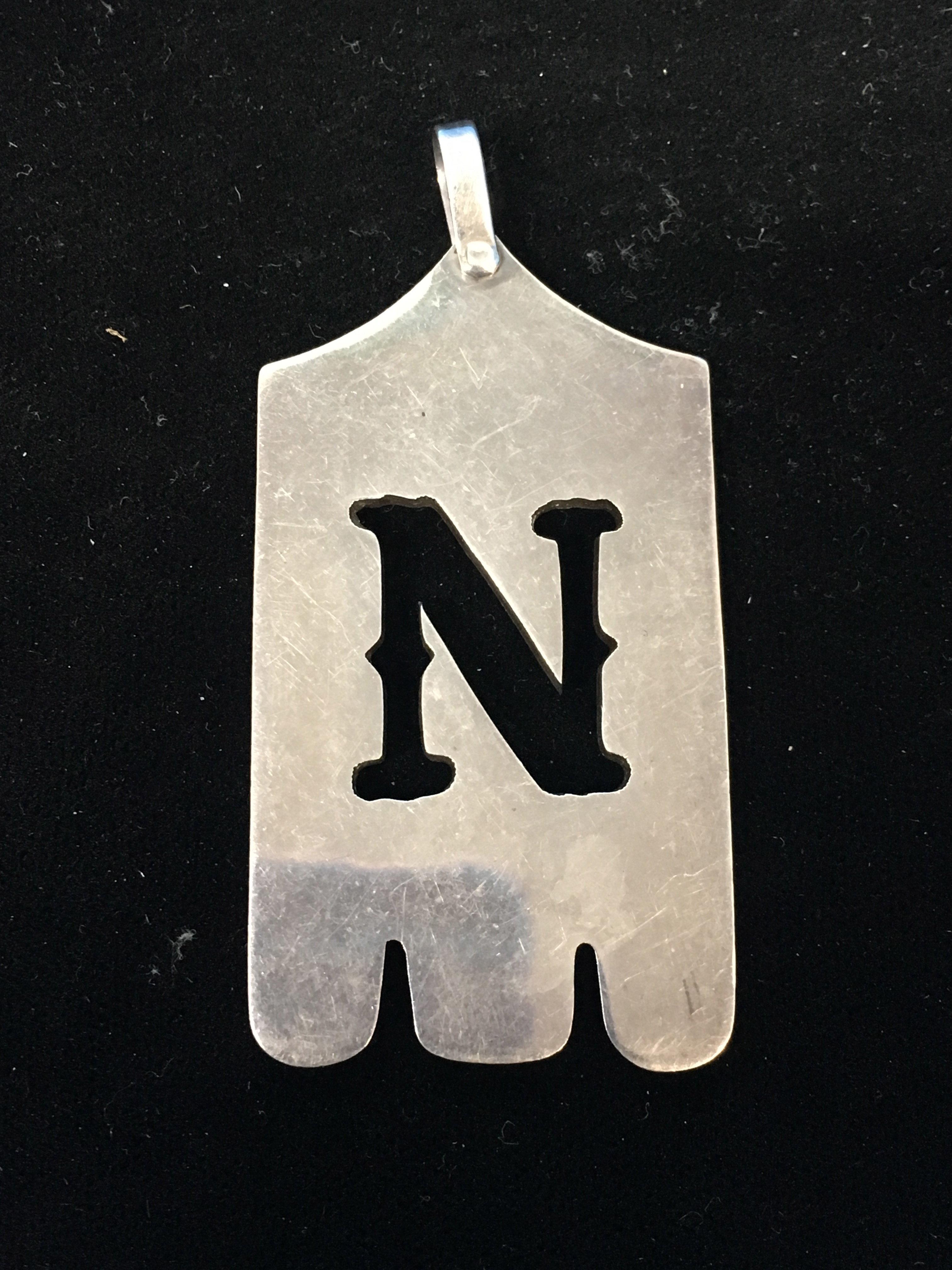 Heavy Letter "N" 2.5" Pendant Tasco Taxco Mexico Made Sterling Silver